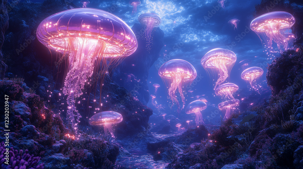 An enchanting underwater vista with swarms of glowing jellyfish creating a captivating spectacle amidst a lush coral environment bathed in soft light An enchanting underwater vista with swarms of glowing jellyfish creating a captivating spectacle amidst a lush coral environment bathed in soft light