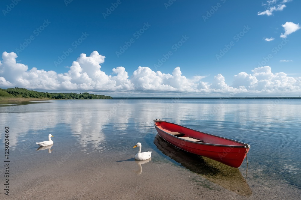 Calm bay with wooden dock and playful white ducks under fluffy clouds in tranquil water. Generative AI Calm bay with wooden dock and playful white ducks under fluffy clouds in tranquil water. Generative AI