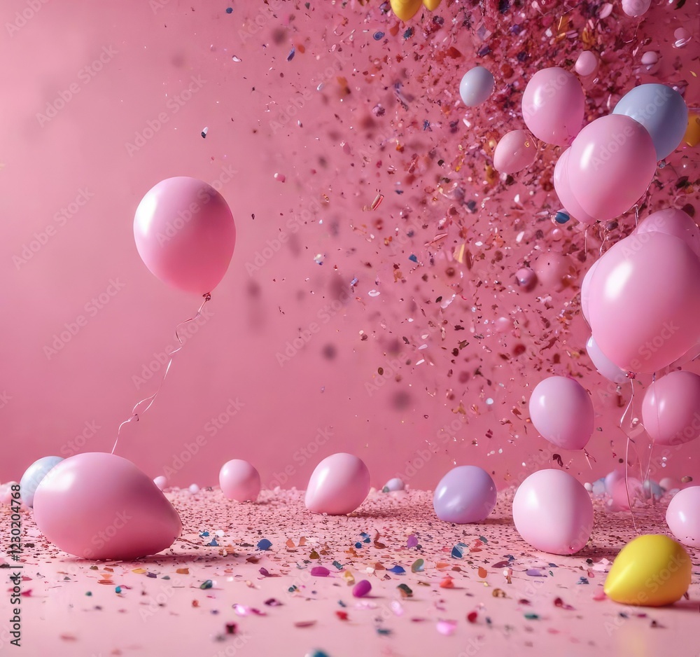 Pink backdrop with colorful confetti and balloons floating in mid-air, confetti, celebratory Pink backdrop with colorful confetti and balloons floating in mid-air, confetti, celebratory