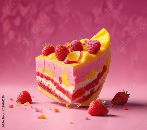 Pink background with a piece of fruity candy featuring strawberry, raspberry and mango fillings , background, mango, sweet treat photo