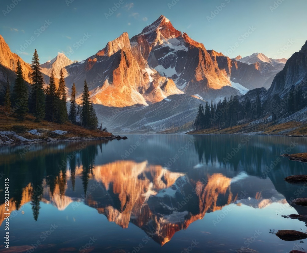 Fototapeta premium Majestic mountain peak reflected in a still lake, majestic, mirror image