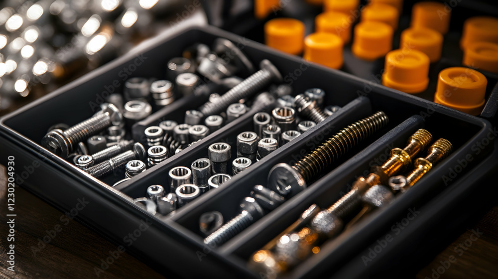 Close-up of a compact toolbox with screws, bolts and washers arranged in individual compartments under bright lighting Close-up of a compact toolbox with screws, bolts and washers arranged in individual compartments under bright lighting
