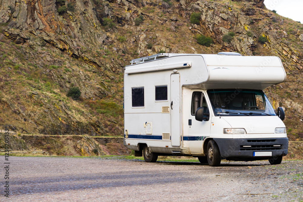 Camper rv camping on mountain nature Camper rv camping on mountain nature
