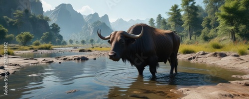 Majestic Water Buffalo in Shallow Pool of River , landscape, pool photo