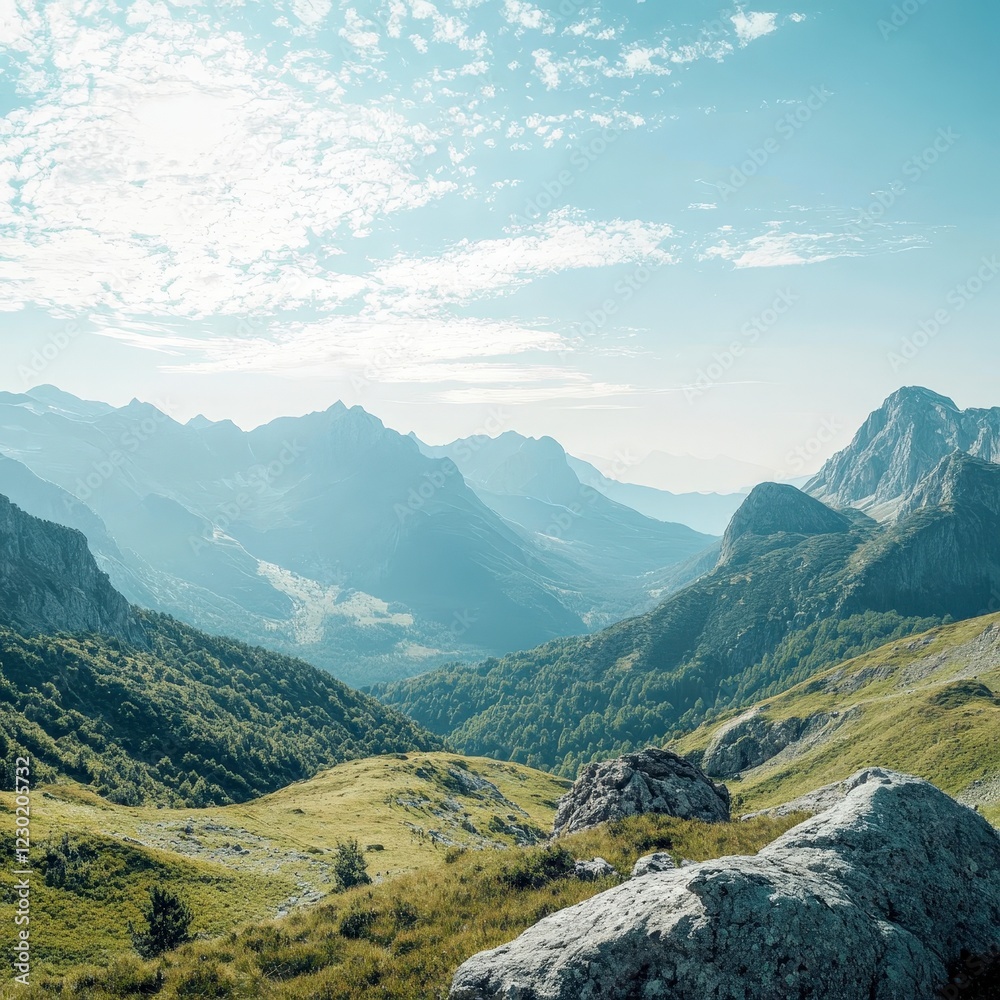 Naklejka premium Majestic Mountain Landscape with Lush Green Foothills and Blue Sky