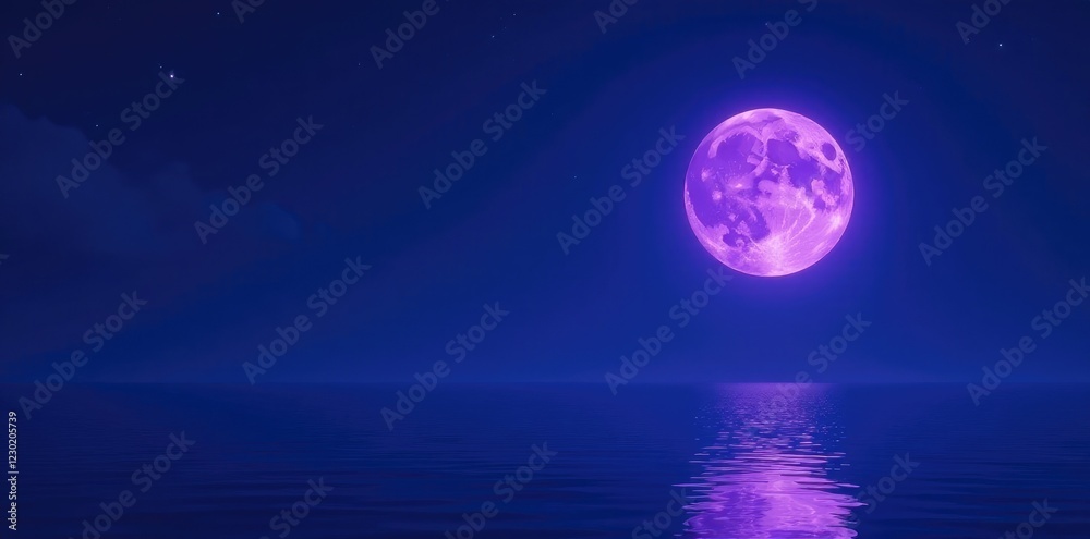 A full purple moon shines brightly in the night sky over a calm and peaceful sea, calmness, peaceful