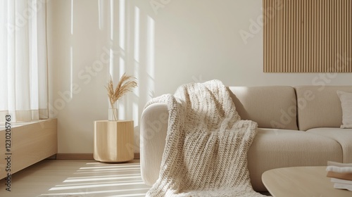 Cozy Knit Throw Adds Warmth to Minimalist Living Room With Neutral Tones and Wooden Accents