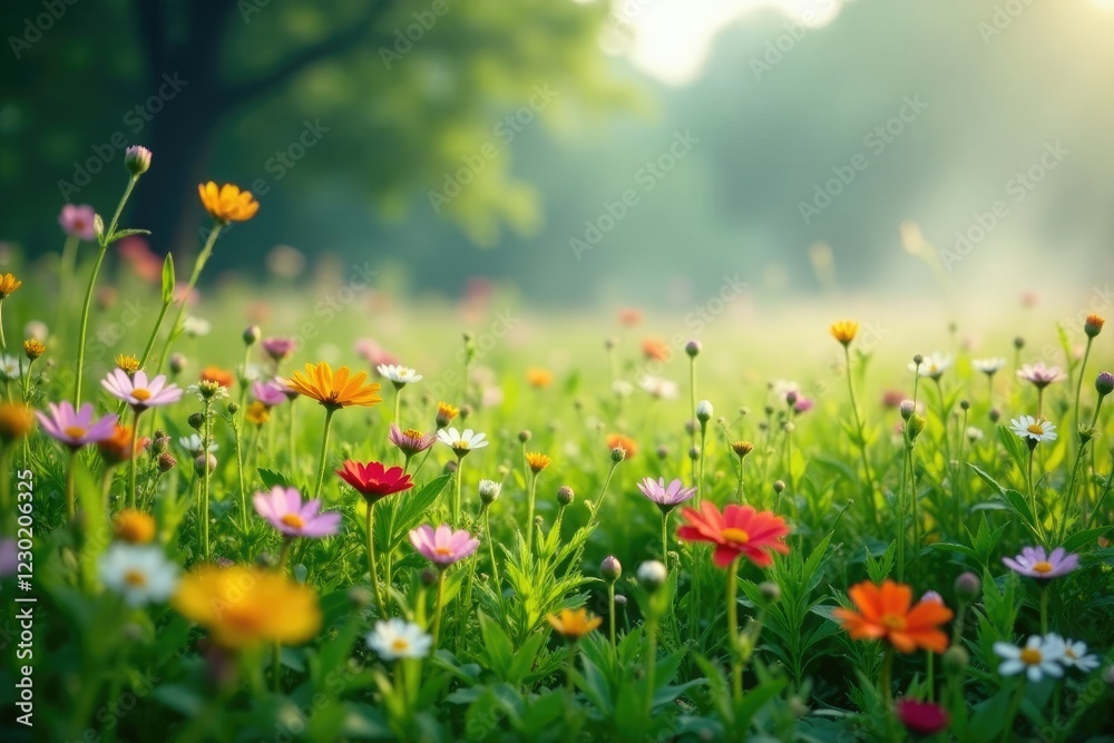 A patch of wildflowers blooms in the misty morning air, grass, wildflowers, morning A patch of wildflowers blooms in the misty morning air, grass, wildflowers, morning
