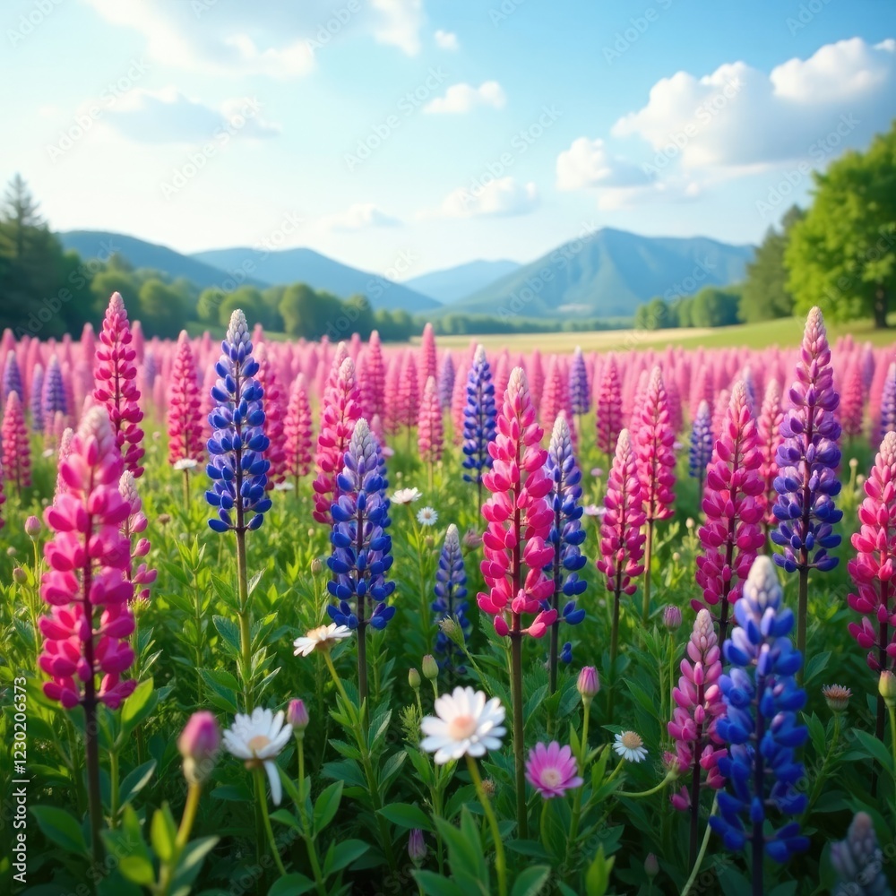 Fototapeta premium A peaceful Lupine Field with a few wildflowers and grasses swaying in the breeze, grasslands, wildflowers