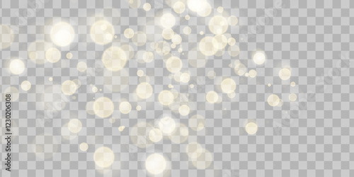 Golden dust light png. Christmas glowing bokeh confetti and sparkle overlay texture for your design. Stock royalty free vector illustration. PNG