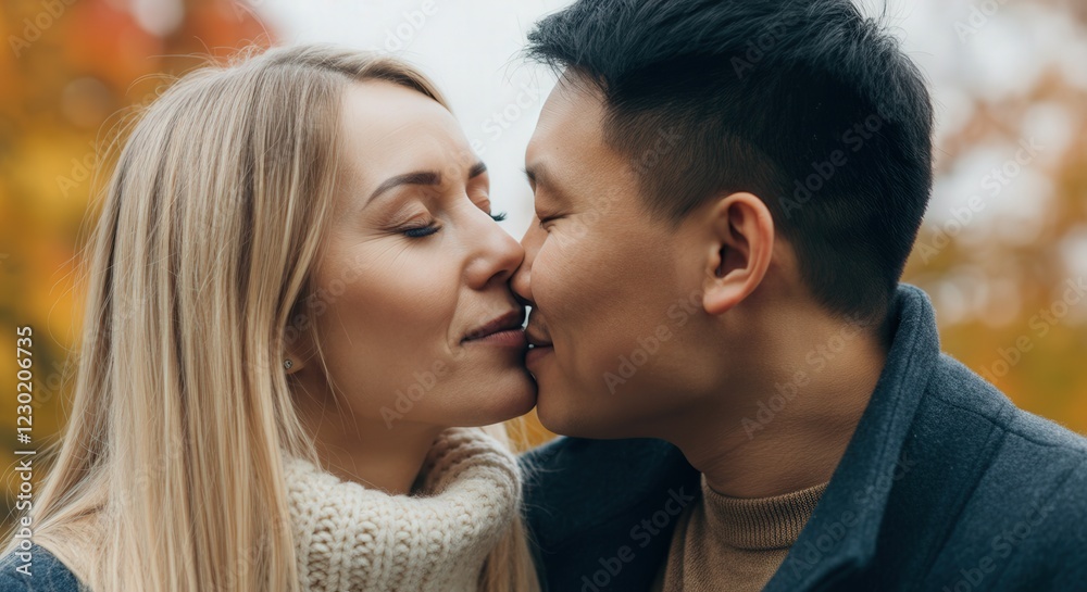 Romantic autumn kiss between young caucasian female and asian male in a park setting Romantic autumn kiss between young caucasian female and asian male in a park setting