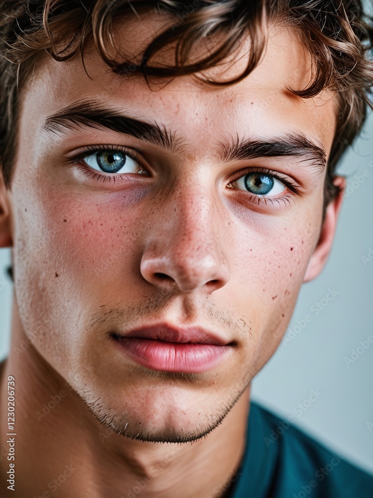 Obraz premium A close-up portrait of a young man with curly hair and blue eyes and looking directly at the viewer