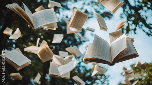 Books Floating in Air with Nature Background at Bright Daylight