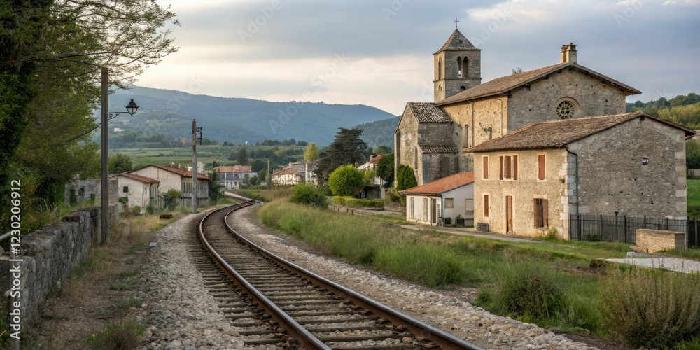 Obraz premium Railway tracks leading to a picturesque countryside village with old stone buildings and a church, landscape, scenic views