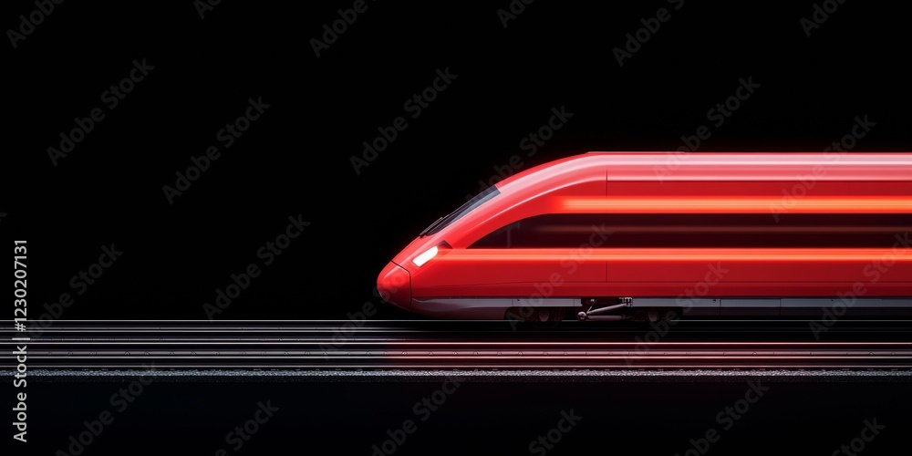Naklejka premium Sleek High-Speed Train in Motion Metallic Red Finish on Modern Rails - Promoting Efficient Urban Transit and Connectivity with Dynamic Design for Commuters and Business Travel