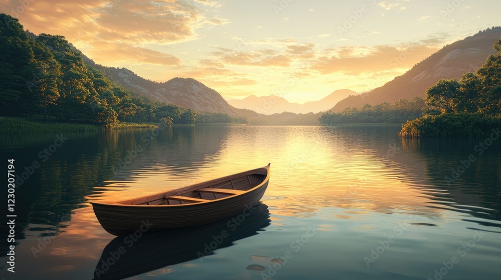 Serene Sunset, A Wooden Rowboat on a Calm Lake Surrounded by Majestic Mountains