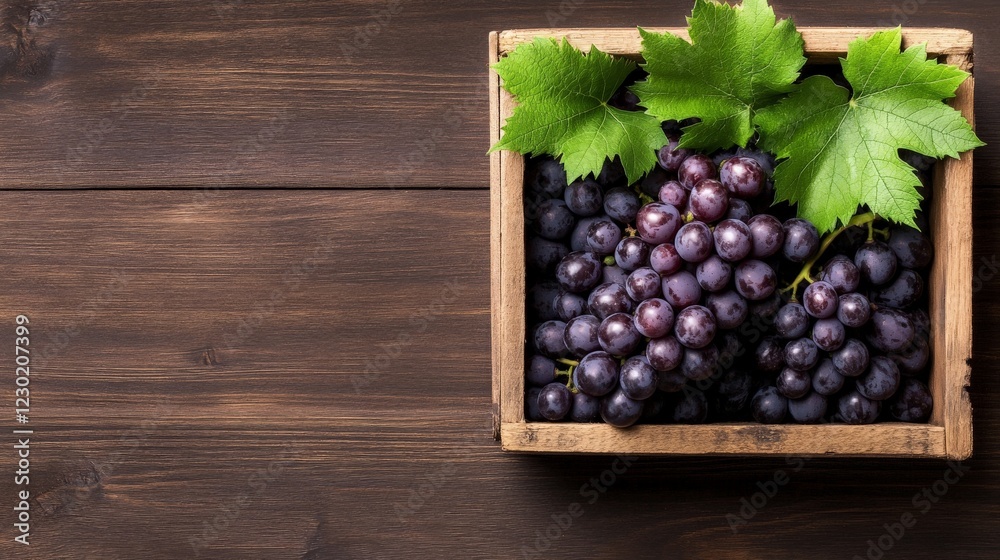 Dark Grapes in Wooden Crate: A rustic wooden crate overflowing with plump, dark grapes and vibrant green leaves sits on a rich, dark brown wooden surface. Dark Grapes in Wooden Crate: A rustic wooden crate overflowing with plump, dark grapes and vibrant green leaves sits on a rich, dark brown wooden surface.