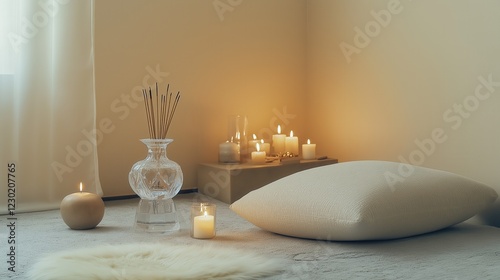 Serene Meditation Corner With Incense, Candles, and a Crystal Vase in a Tranquil Setting