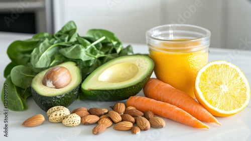 Wallpaper Mural Healthy breakfast ingredients avocado, spinach, carrots, almonds, orange juice Torontodigital.ca