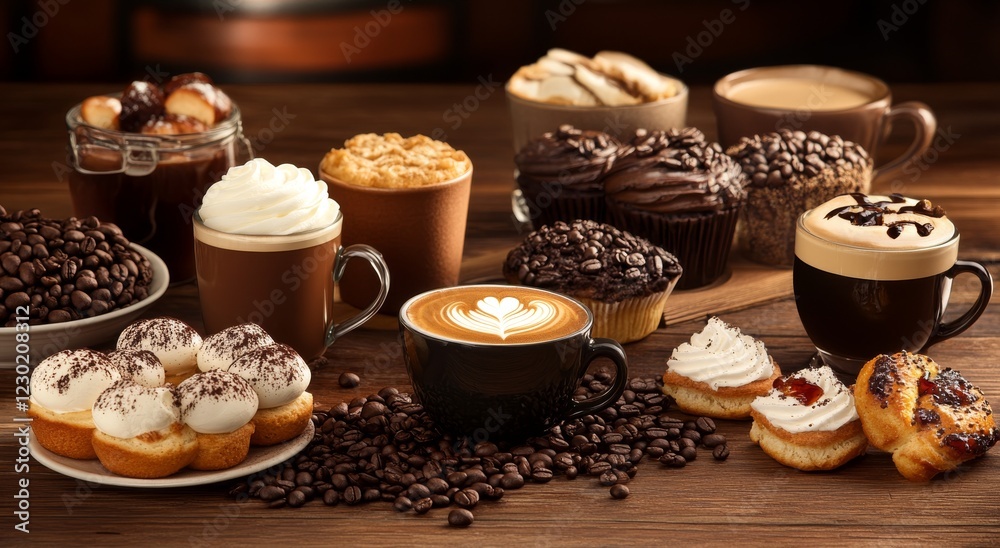 custom made wallpaper toronto digitalA coffee-themed background with various types of coffee beans, cups, and pastries on a wooden table