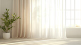 Elegant sheer curtains with ombre shading from white to beige hanging in a luxurious white room side view showcasing subtle color transitions robotic tone splitcomplementary color