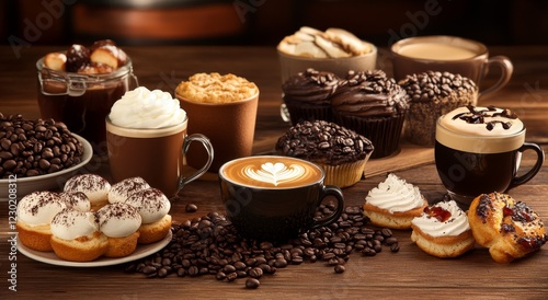 Wallpaper Mural A coffee-themed background with various types of coffee beans, cups, and pastries on a wooden table Torontodigital.ca