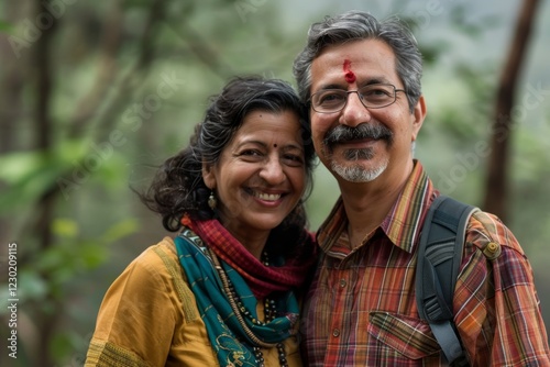 Portrait of a glad indian couple in their 40s sporting a breathable hiking shirt on backdrop of a mystical forest photo