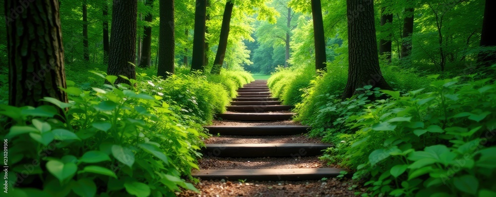 Forest path with wooden steps winding through dense foliage, natural, dense foliage Forest path with wooden steps winding through dense foliage, natural, dense foliage