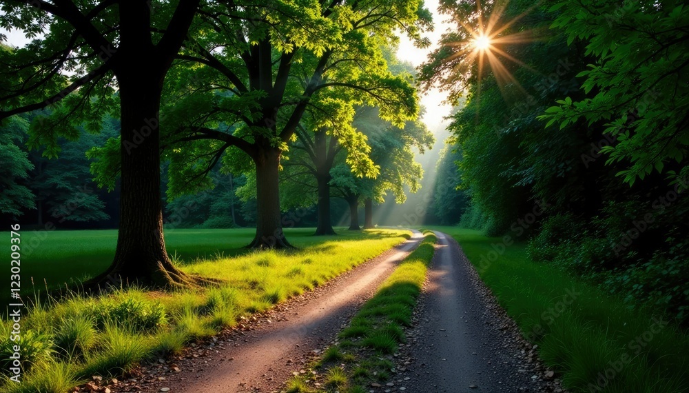 Fototapeta premium Overcast sky casts long shadows on the forest path, tree branches, shadow