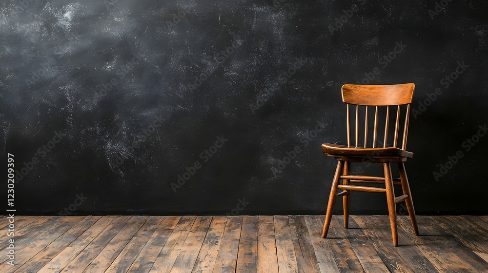 Solitary wooden chair set in a dimly lit minimalist room creating a serene and tranquil atmosphere for contemplation relaxation and quiet introspection The simple Solitary wooden chair set in a dimly lit minimalist room creating a serene and tranquil atmosphere for contemplation relaxation and quiet introspection The simple
