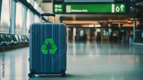 An ecofriendly suitcase made of recycled materials placed in front of a green sustainability sign in an airport terminal front view emphasizing environmental awareness futuristic t photo