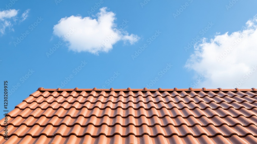 Modern Architectural Roof Design Red Tile Roof Against a Blue Sky with Fluffy Clouds, Showcasing Individuality and Style Modern Architectural Roof Design Red Tile Roof Against a Blue Sky with Fluffy Clouds, Showcasing Individuality and Style