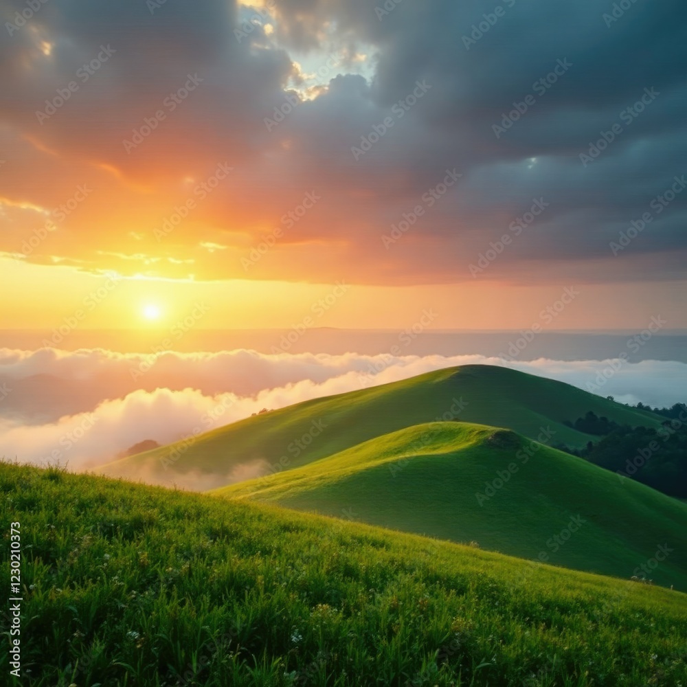 Fototapeta premium Clouds and mist at sunrise over a rolling hill, green, sunset, earthy