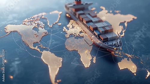 Large Shipping Vessel on Trade Route. A cargo ship navigating a glowing world map, representing global trade and shipping.