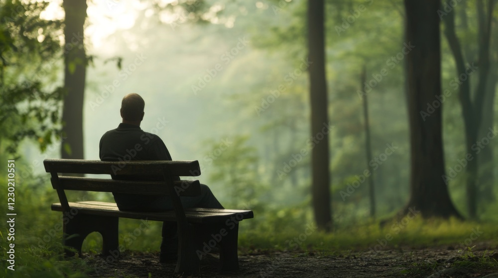 Fototapeta premium Man sits on park bench, enjoying serene forest view at sunrise.