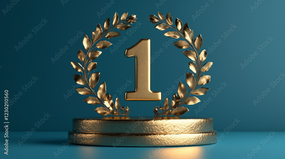 A golden trophy with a laurel wreath and the number one, symbolizing victory and achievement against a teal background A golden trophy with a laurel wreath and the number one, symbolizing victory and achievement against a teal background