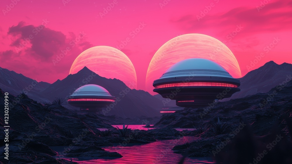 Obraz premium A vibrant landscape featuring futuristic structures under a pink sky with two large celestial bodies, creating a surreal and otherworldly atmosphere.