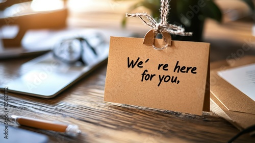 A handwritten note on a wooden table reads 