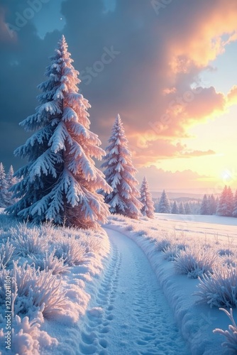 Frosty morning landscape with snow-covered trees and distant storm clouds, calm, landscape