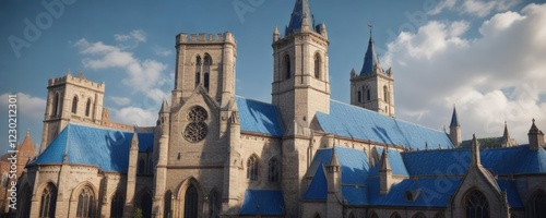 Historic collegiate church with imposing blue-tiled roof and towers, medieval architecture, blue tiles