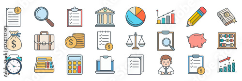 Accounting icons set, Included icons as Calculator, Pie Chart, Document, Briefcase and more symbols collection, logo isolated vector illustration