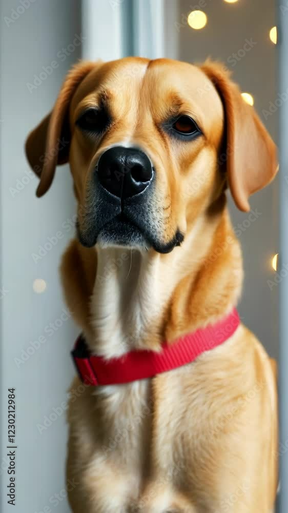Anxious Dog with Red Collar Looking Outside Window with Fireworks Reflections During Holiday Season Anxious Dog with Red Collar Looking Outside Window with Fireworks Reflections During Holiday Season