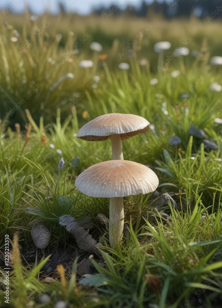 Single Coprinus mushroom with beiges and grays growing in grass, Coprinus, mycology, wild mushrooms Single Coprinus mushroom with beiges and grays growing in grass, Coprinus, mycology, wild mushrooms