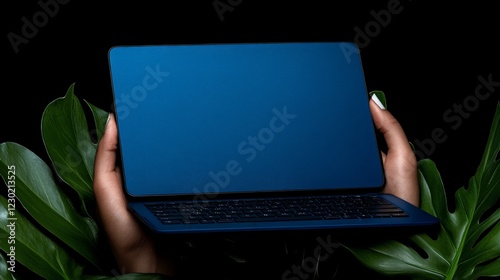 Laptop Mockup with Lush Foliage: A close-up of female hands showcasing a sleek black laptop with a blue screen, surrounded by lush tropical foliage.
