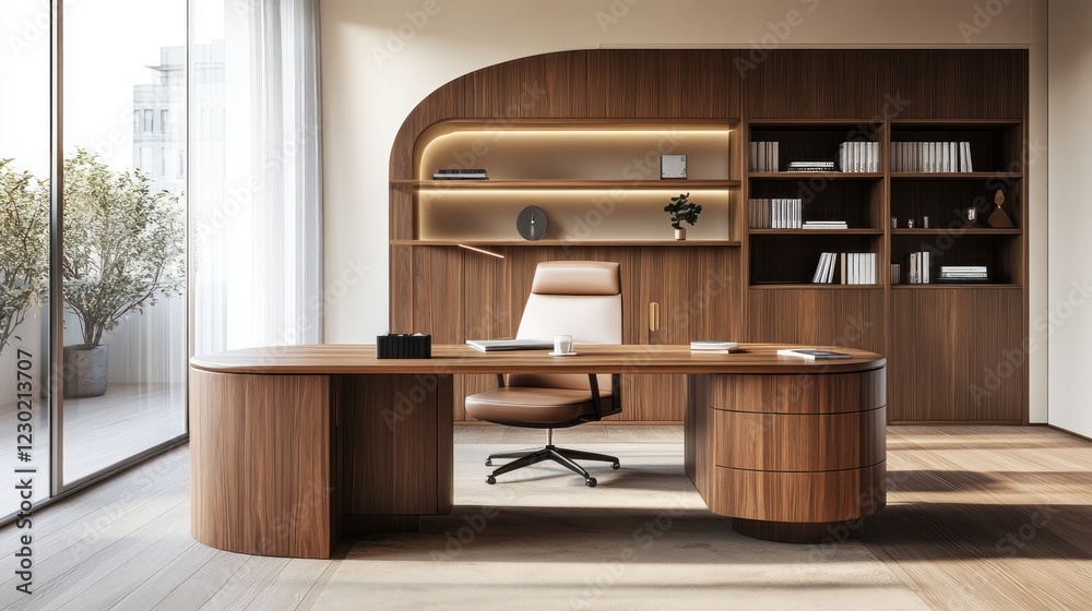 Modern Wooden Office Interior with a Large Desk Modern Wooden Office Interior with a Large Desk