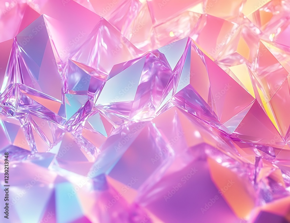 A background of iridescent crystal triangles, light pastel rainbow colors
