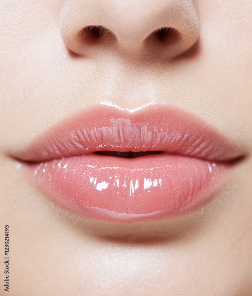 Fototapeta premium Glossy Lip Highlight Modern Beauty Trend on Deep Skin Tone - Elevated Lip Care Marketing and Luminous Skincare Branding for Fashion Industry Empowerment