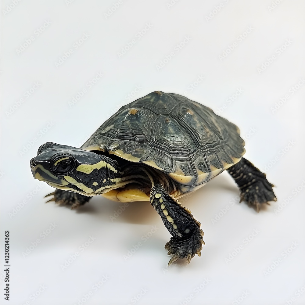 Turtle walking on a white surface isolated on a white background for wildlife imagery