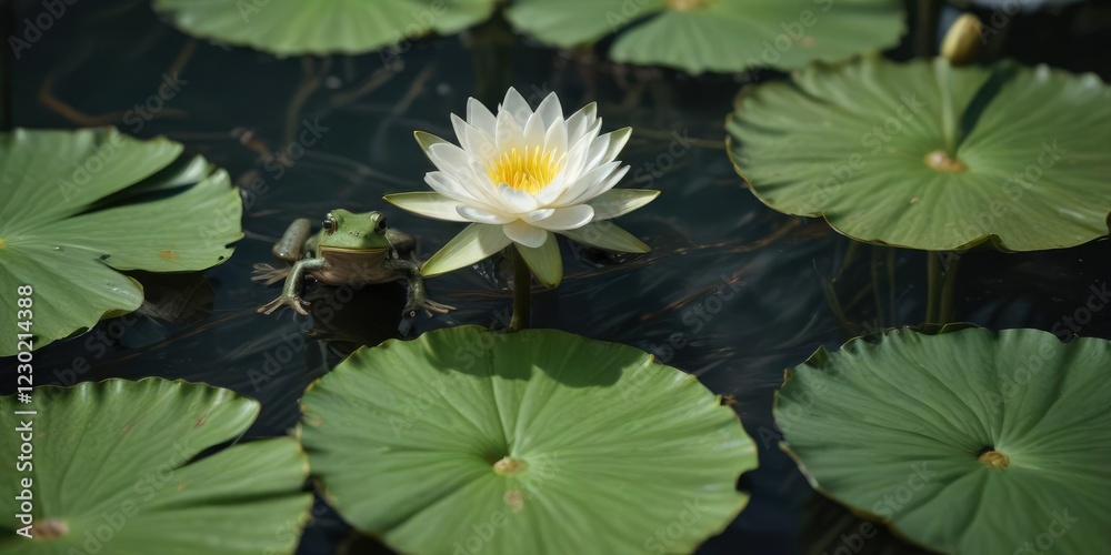Small green amphibian peeking out from beneath large water lily leaves, amphibian hiding, pond scene, water lily Small green amphibian peeking out from beneath large water lily leaves, amphibian hiding, pond scene, water lily