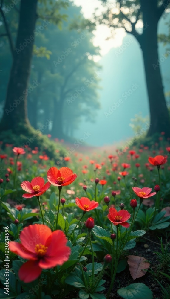 Serene landscape with blooming flowers in a misty forest atmosphere, landscape, misty, bloom Serene landscape with blooming flowers in a misty forest atmosphere, landscape, misty, bloom